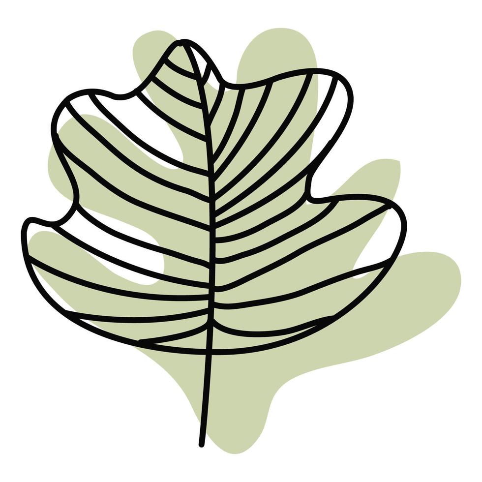 decoratieve takje met een blad, getekend met lijnen in de stijl van lijntekeningen, tegen een achtergrond van een groene geometrische abstracte vorm. exotische tropische compositie op een groene achtergrond. vector