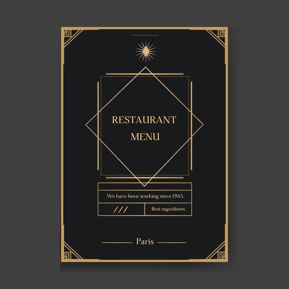zwart restaurantmenu-ontwerp met premium gouden framepatroon. elegante luxe voorbladsjabloon voor creatief cafémenu, luxemenu, uitnodiging, notitieblok. vector