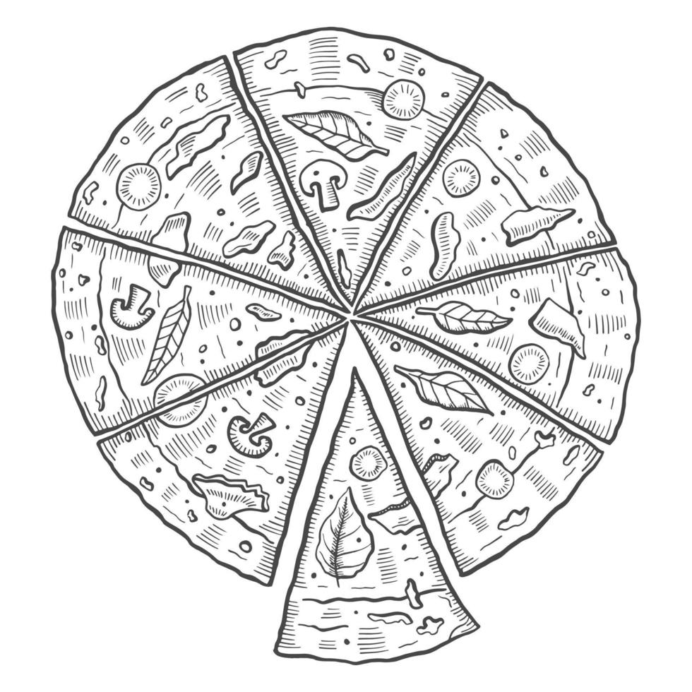 pizza italië of italiaanse keuken traditioneel eten geïsoleerde doodle handgetekende schets met overzichtsstijl vector