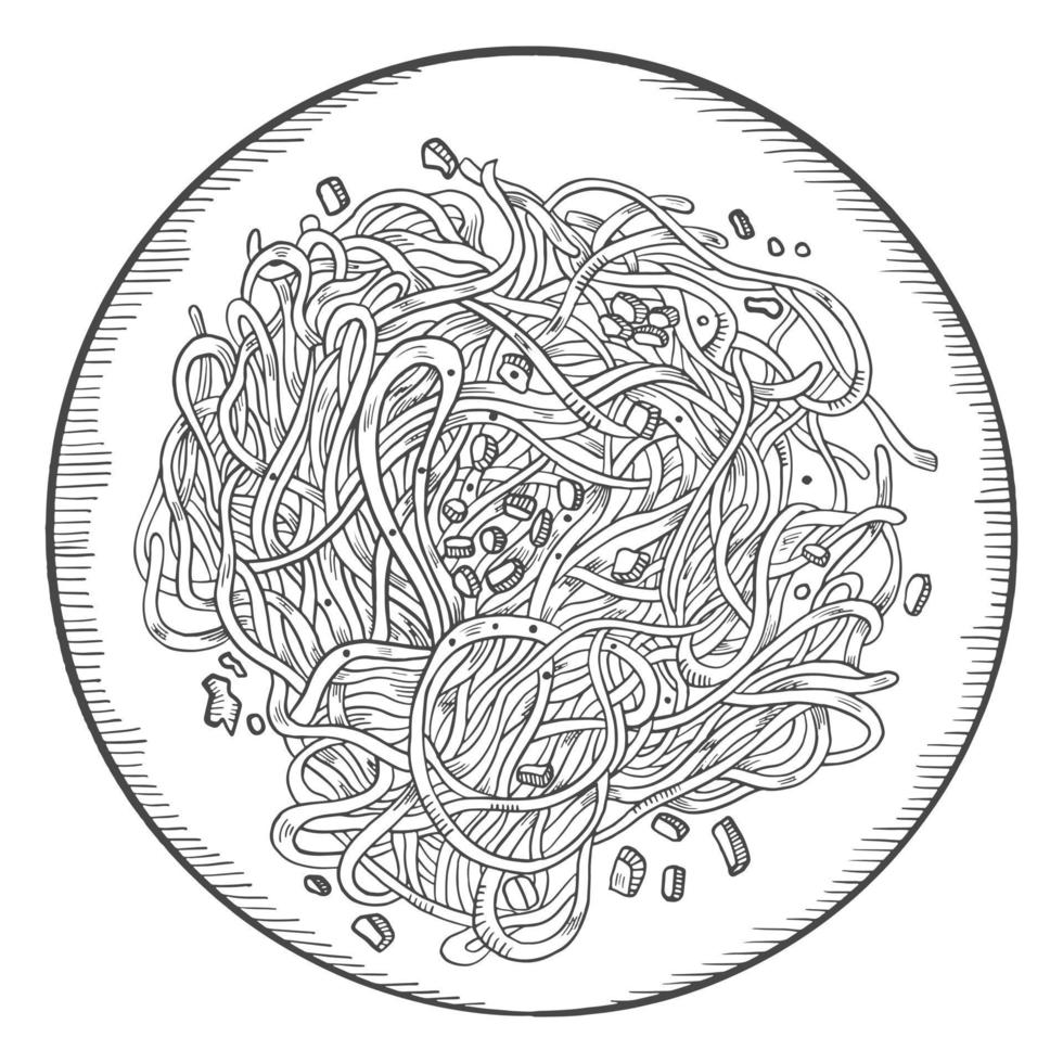 spaghetti carbonara italië of italiaanse keuken traditionele gerechten geïsoleerde doodle hand getrokken schets met kaderstijl vector