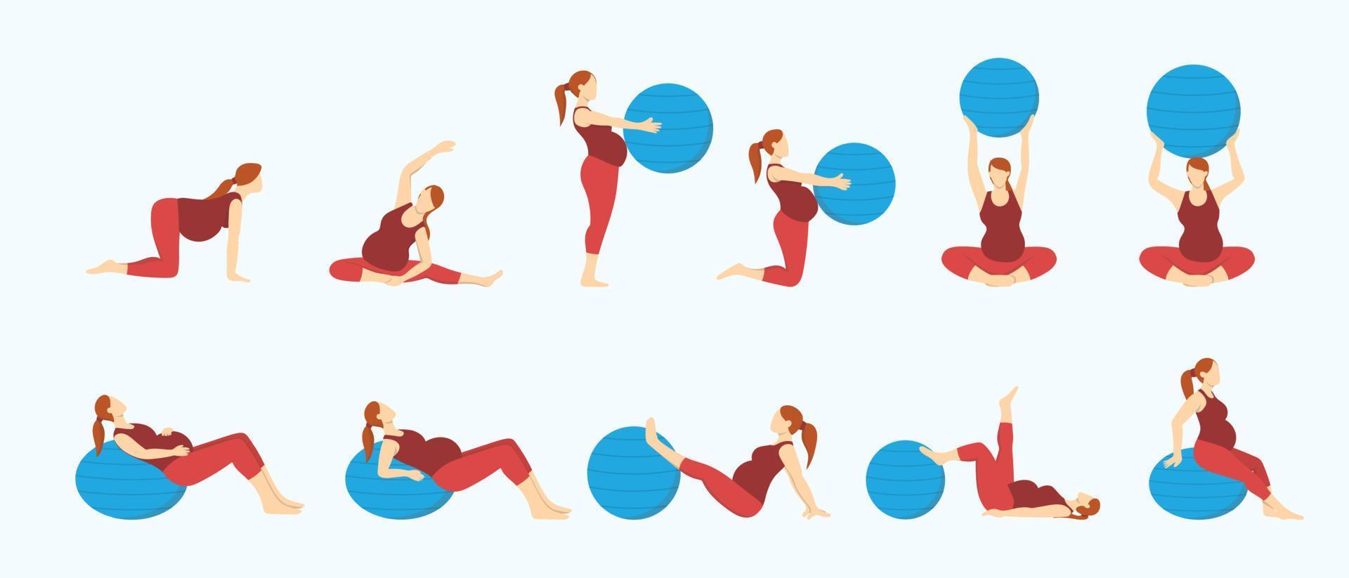 zwangerschap zwangere training workout oefening met verschillende positie en pose set collectie met moderne platte stijl vector