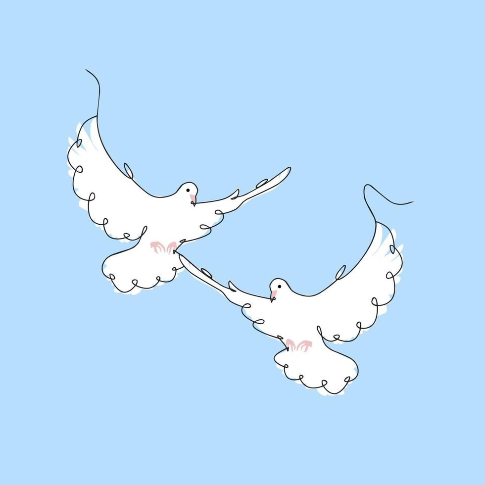afbeelding van een koppel doorlopende lijnduiven. witte duif vliegen. vogelsymbool van vrede en vrijheid in eenvoudige lineaire stijl. met het concept van de nationale arbeidersbeweging. doodle vectorillustratie vector