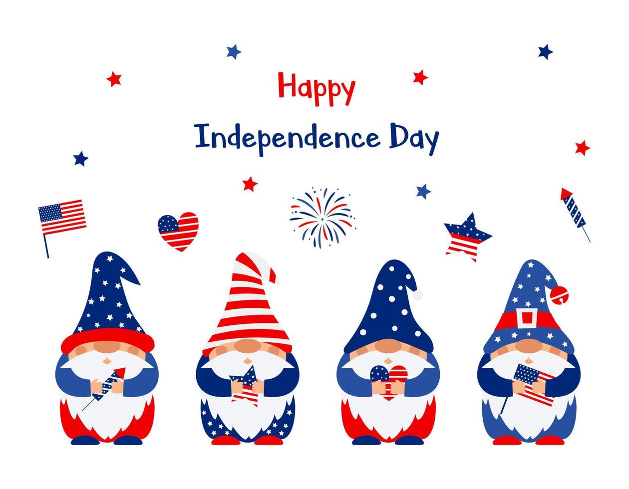 patriottische kabouters van Amerikaanse vlagkleuren houden raket, Amerikaanse vlag, ster en hart in hun handen. symbolen van de viering van de onafhankelijkheidsdag, 4 juli. vectorillustratie op witte achtergrond vector