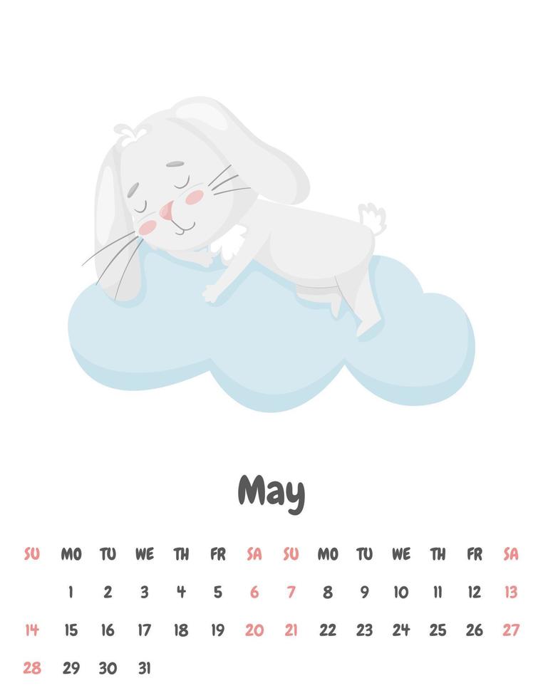 kalenderpagina voor de maand mei 2023 met een schattig lachend konijn dat op een wolk slaapt. schattig dier, een karakter in pastelkleuren. kinderkalender. vectorillustratie op een witte achtergrond. vector