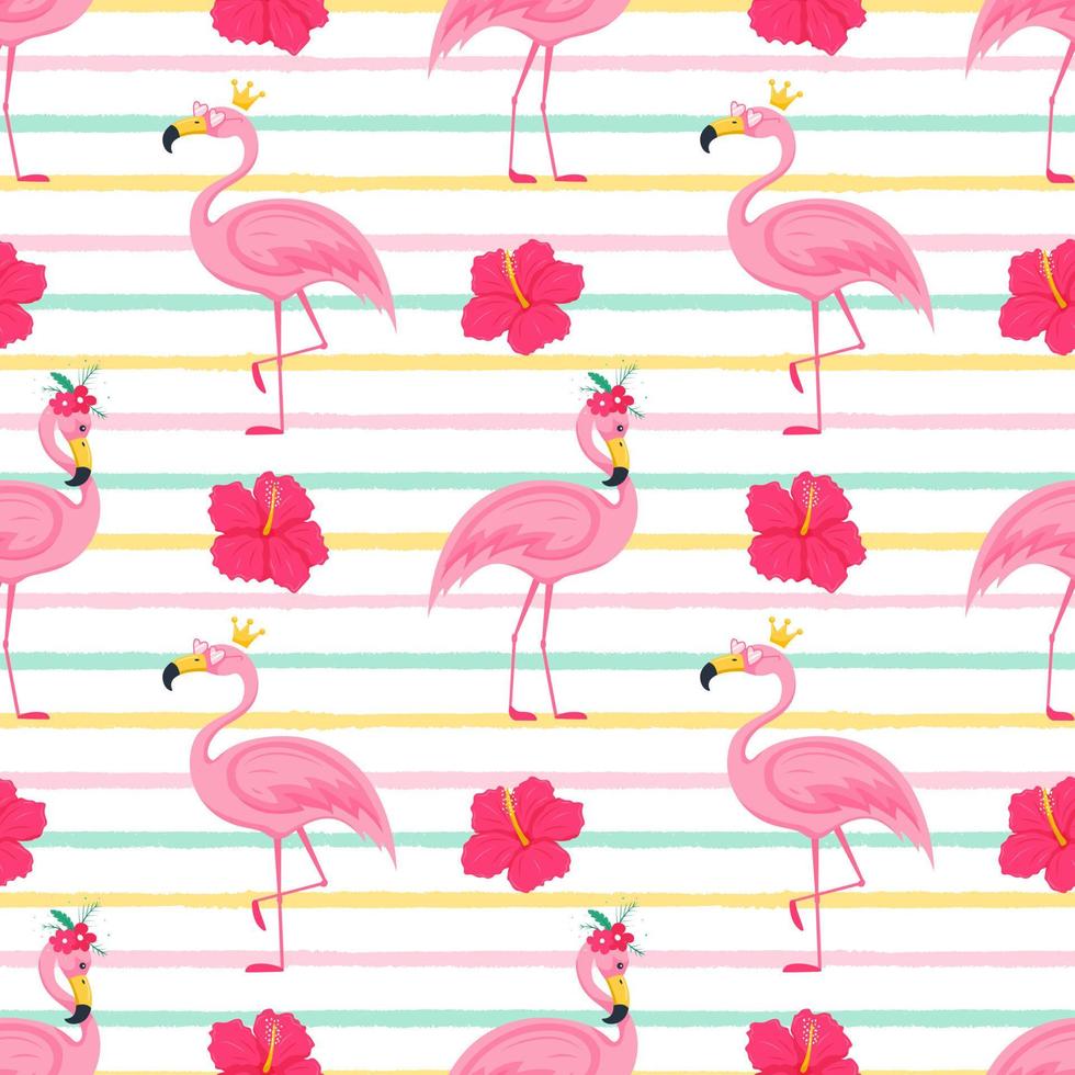 zomer naadloos patroon met schattige roze flamingo's in een kroon en roze bril en hibiscus bloemen. heldere vectorillustraties in een platte cartoon-stijl op een witte achtergrond met gekleurde textuur strepen. vector