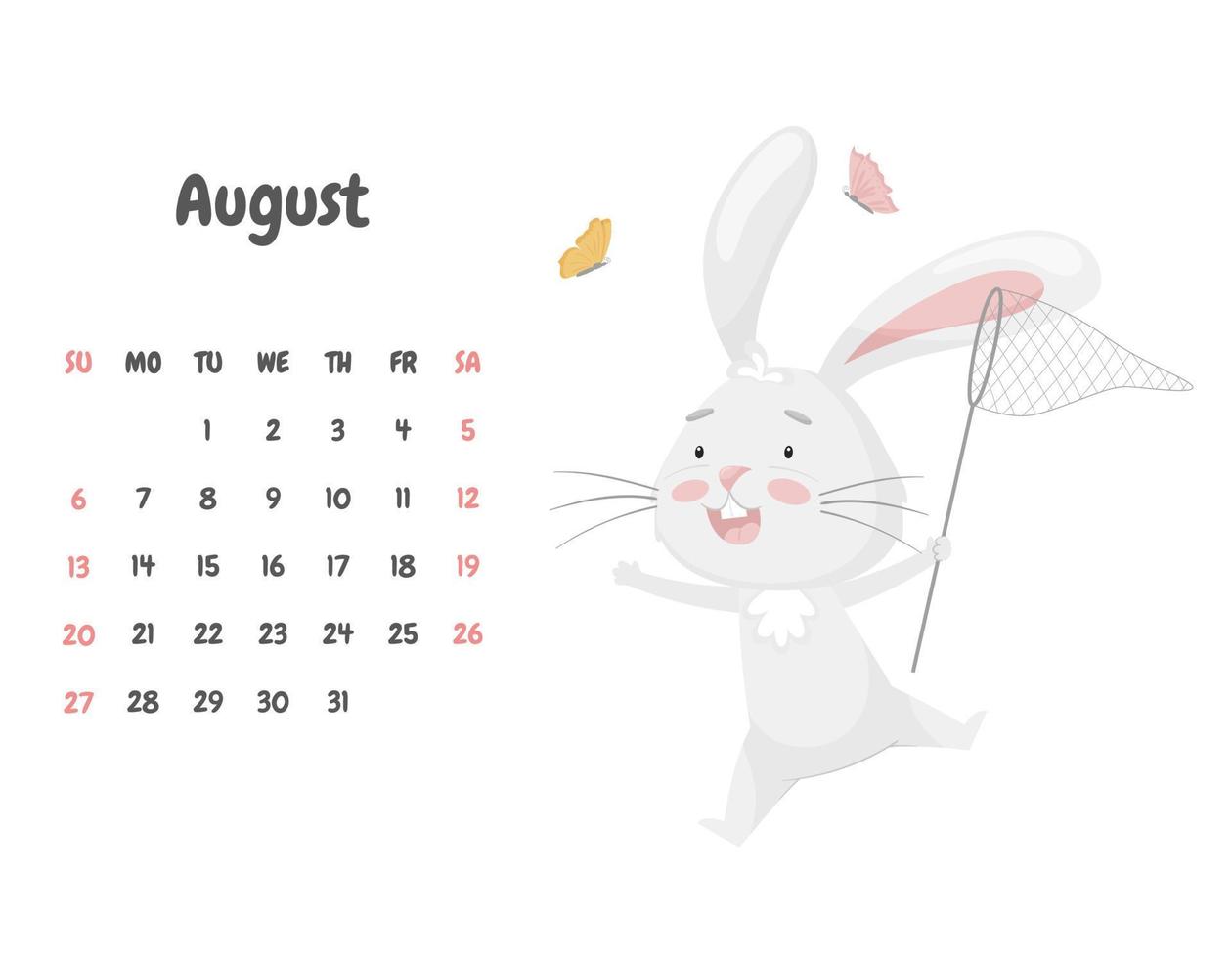 kalenderpagina voor de maand augustus 2023 met een schattig grappig konijn dat vlinders vangt met een net. schattig dier, een karakter in pastelkleuren. kinderkalender. vectorillustratie op wit. vector