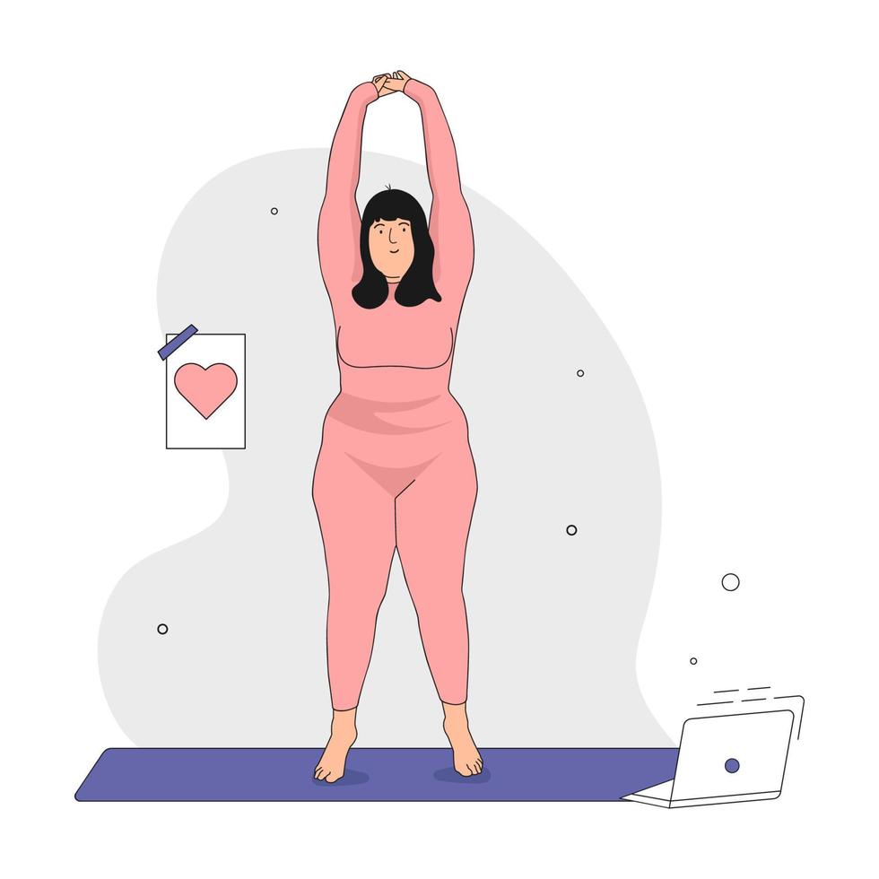 actieve vrouw met overgewicht die yoga doet. concept van liefde voor je lichaam en lichaam positieve en gezonde levensstijl. hand getekend in dunne lijnstijl. vectorillustratie. vector