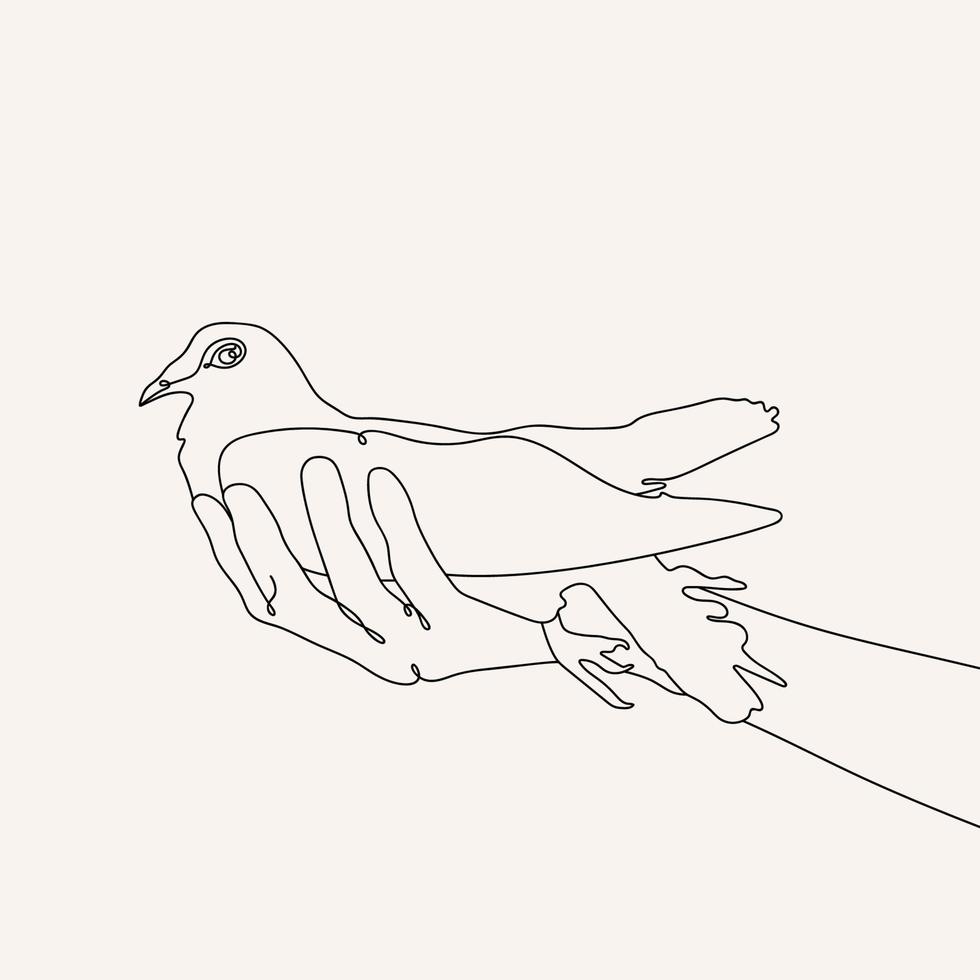 vredesduif in de hand, doorlopende lijntekening. vogelsymbool van vrede en vrijheid in eenvoudige lineaire stijl. duif icoon. doodle vectorillustratie. vector