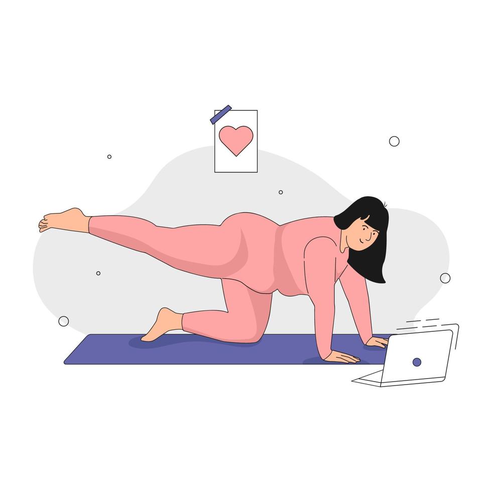 schattig overgewicht meisje doet yoga. concept van liefde voor je lichaam, lichaam positieve en gezonde levensstijl. hand getekend in dunne lijnstijl. vectorillustratie. vector