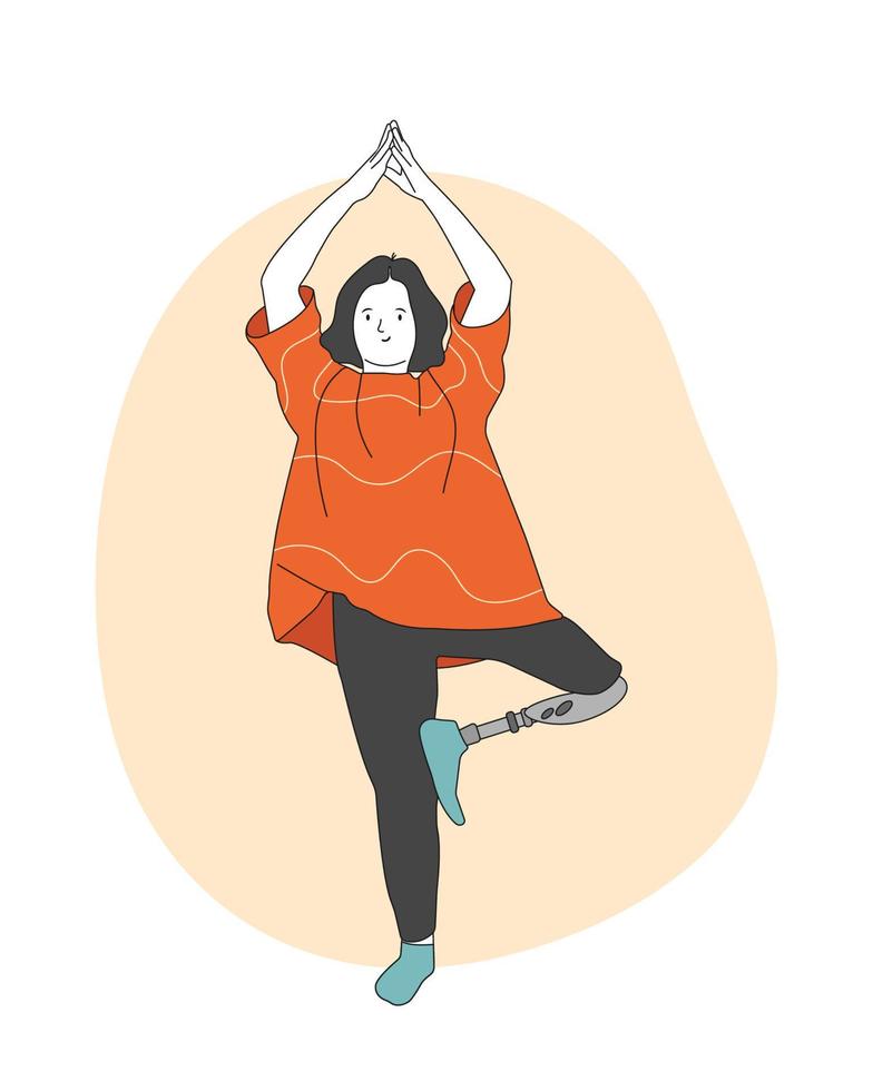 jonge speciale vrouw die yoga doet. een meisje met een beenprothese in yoga pose doet oefeningen en meditatie. mensen met een handicap, prothese, amputatie, inclusie. vectorillustratie. vector