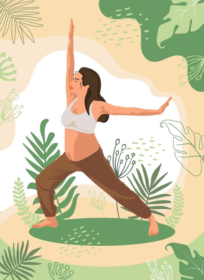 zwangere vrouw mediteren en ontspannen in de natuur. vreedzame persoon die yoga beoefent, spirituele meditatie omringd door plantenbladeren. harmonie en vrede concept. platte vectorillustratie. vector