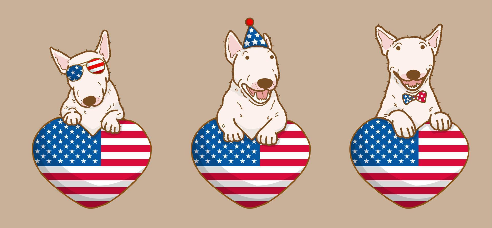 schattige bull terrier hond met usa vlag hitte amerikaanse onafhankelijkheidsdag 4 juli en herdenkingsdag vector