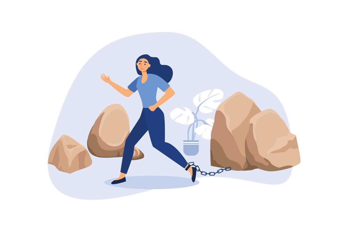 zakenvrouw die een grote rots draagt. jonge vrouwelijke ondernemer trekt grote steen met een ketting, vector