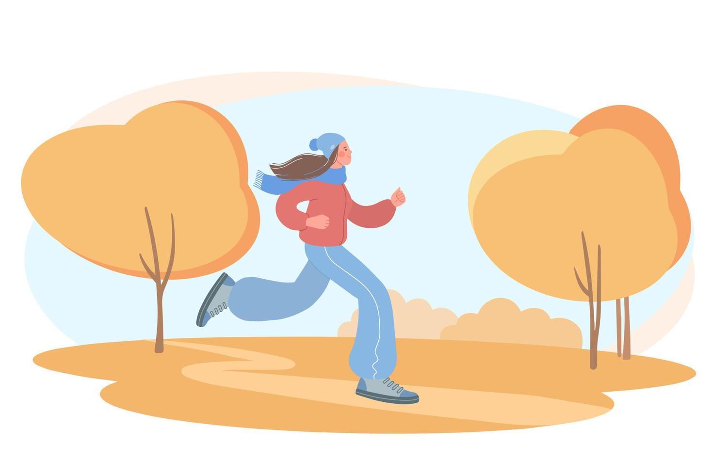 mooi meisje houdt zich bezig met sport. illustratie van een meisje dat jogt in een herfstpark vector