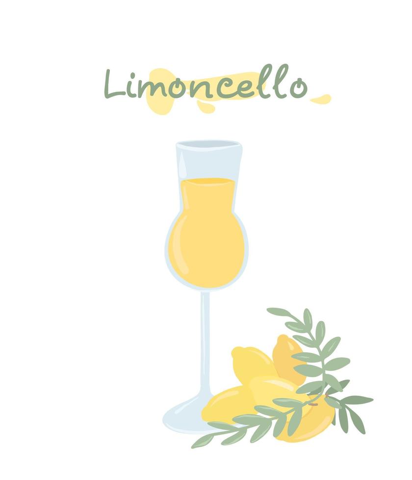 traditionele italiaanse likeur limoncello. citroendrankillustratie voor menu's, cafés, restaurants, ansichtkaarten. vector