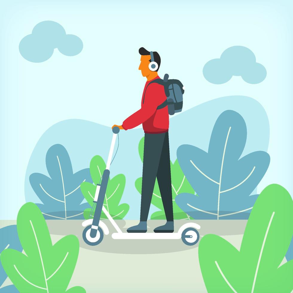 man die op een scooter rijdt in een plat illustratieontwerp op klaarlichte dag vector