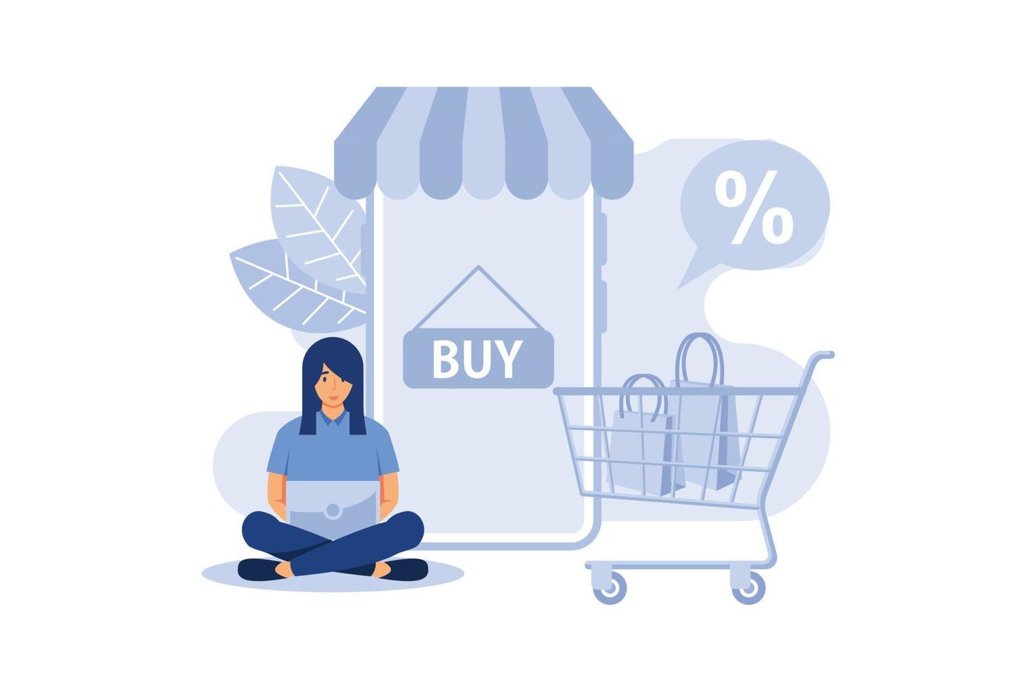 online winkelen en bestellen. jonge vrouw winkel online met behulp van laptop. platte vectorillustratie winkelen concept vector