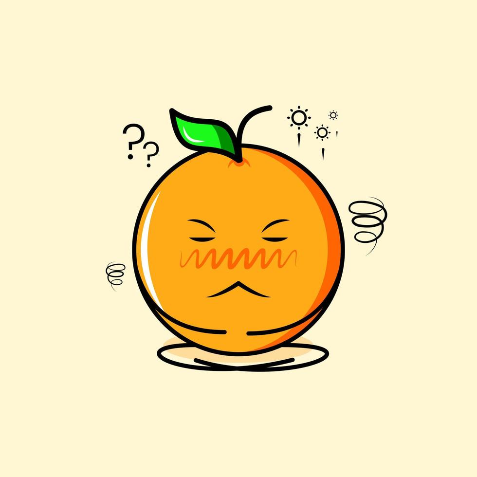schattig oranje karakter met denkende uitdrukking, sluit de ogen en zit met gekruiste benen. geschikt voor emoticon, logo, mascotte of sticker vector