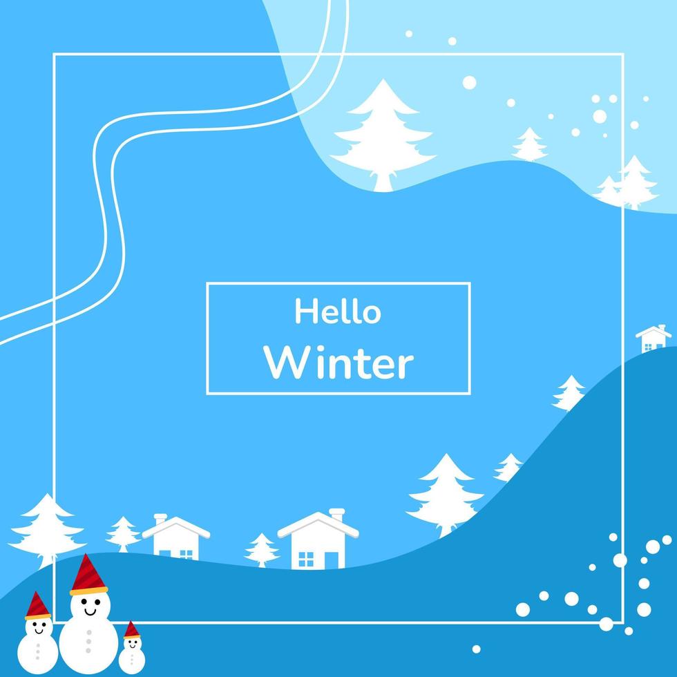 winterse achtergrond. frame met bomen, huis, sneeuwvlokken en sneeuwpop. plat, lijnen en moderne stijl. geschikt voor wenskaart, feed social media, banner of flyer vector