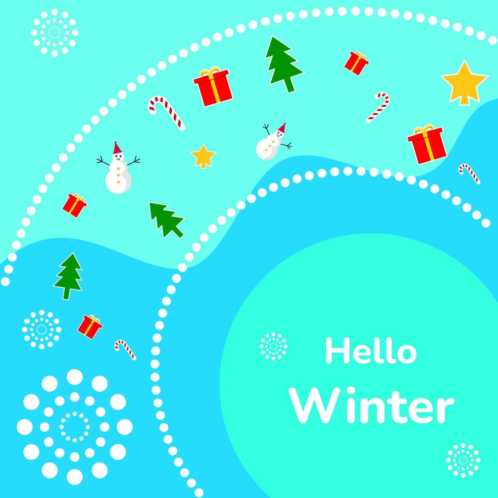 winter illustratie. winter achtergrond met sneeuwpop, ster, boom, geschenkdoos, snoepgoed en sneeuwvlokken. geschikt voor wenskaarten, feed social media en flyer vector