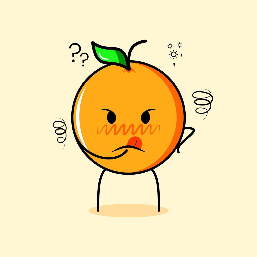 schattig oranje karakter met denkende uitdrukking en hand op de kin geplaatst. geschikt voor emoticon, logo, mascotte of sticker vector