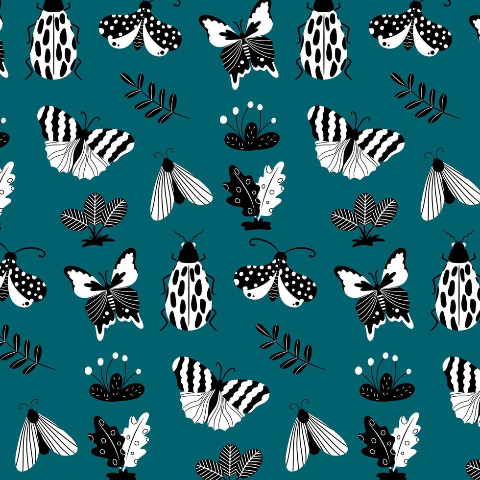 naadloos patroon met zwarte en witte vlinders, motten, libellen en botanische elementen. vectorpatroon in cartoonstijl. voor kleding, stof, behang en alle prints op een witte achtergrond vector