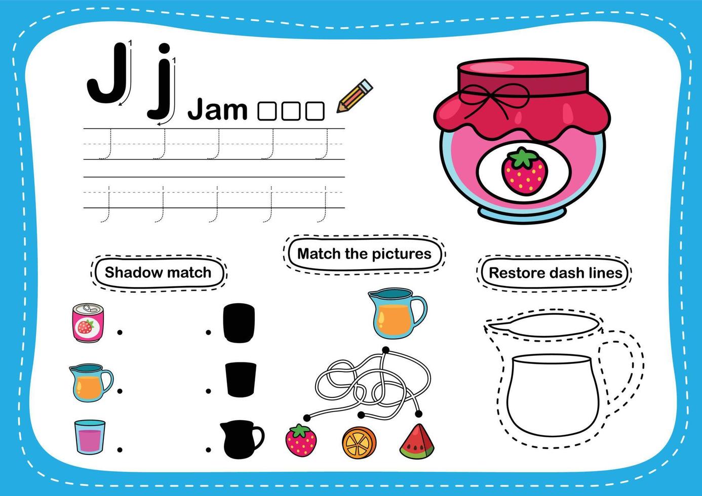 alfabet letter j - jam oefening met cartoon woordenschat illustratie, vector