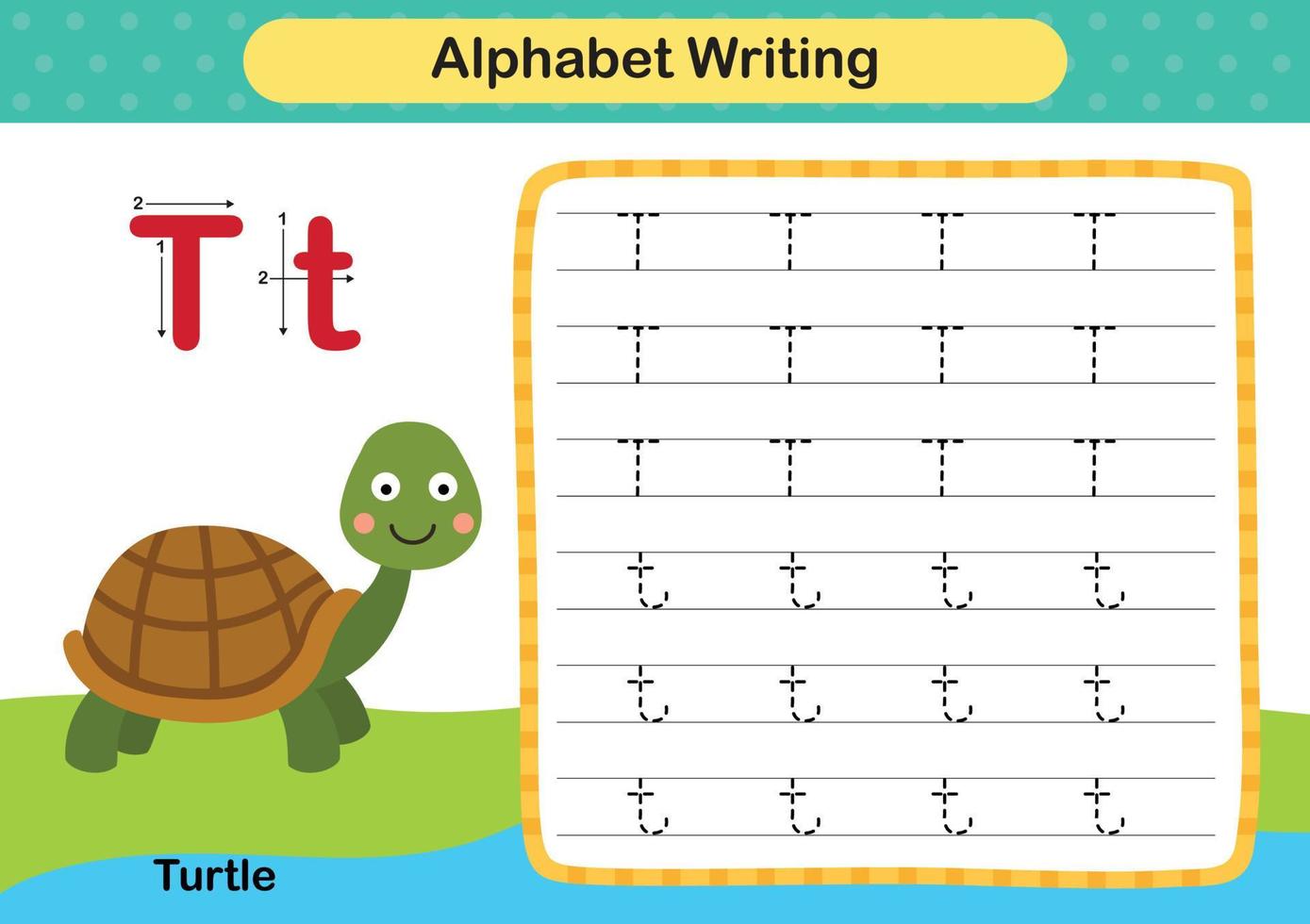 alfabet letter t-schildpad oefening met cartoon woordenschat illustratie, vector