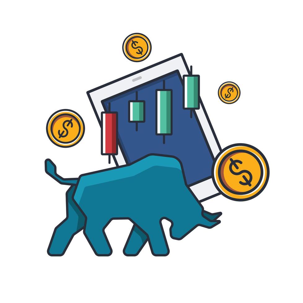 collectie gekleurde dunne icoon van bull market trading, tablet, grafiek, geld munten, business en finance concept vectorillustratie. vector