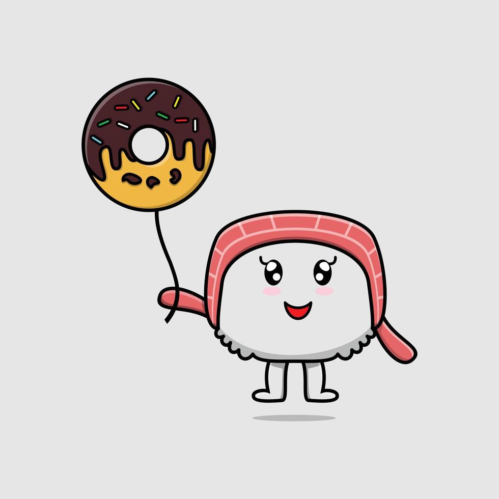 leuke tekenfilmsushi drijvend met donutsballon vector