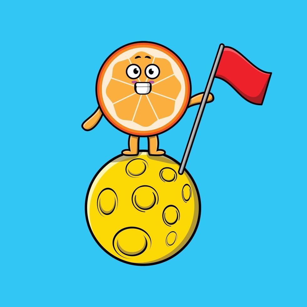 cartoon oranje fruit staande op de maan met vlag vector