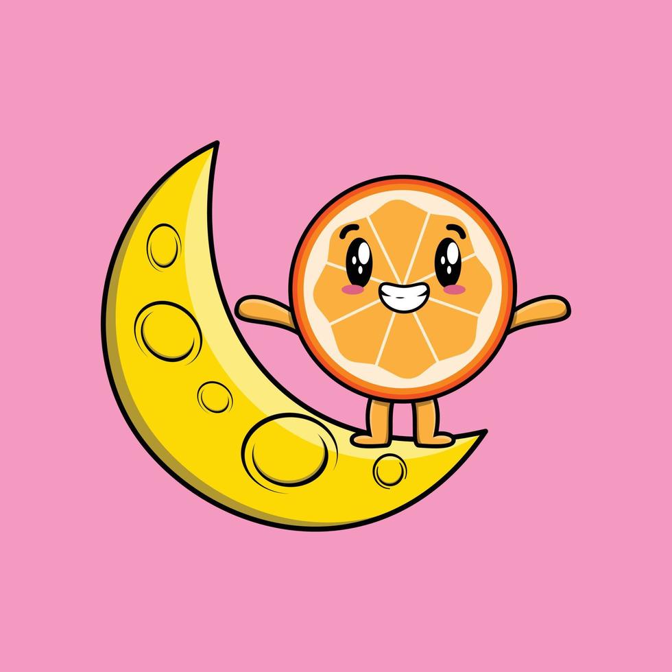 cartoon oranje fruit staande op wassende maan vector