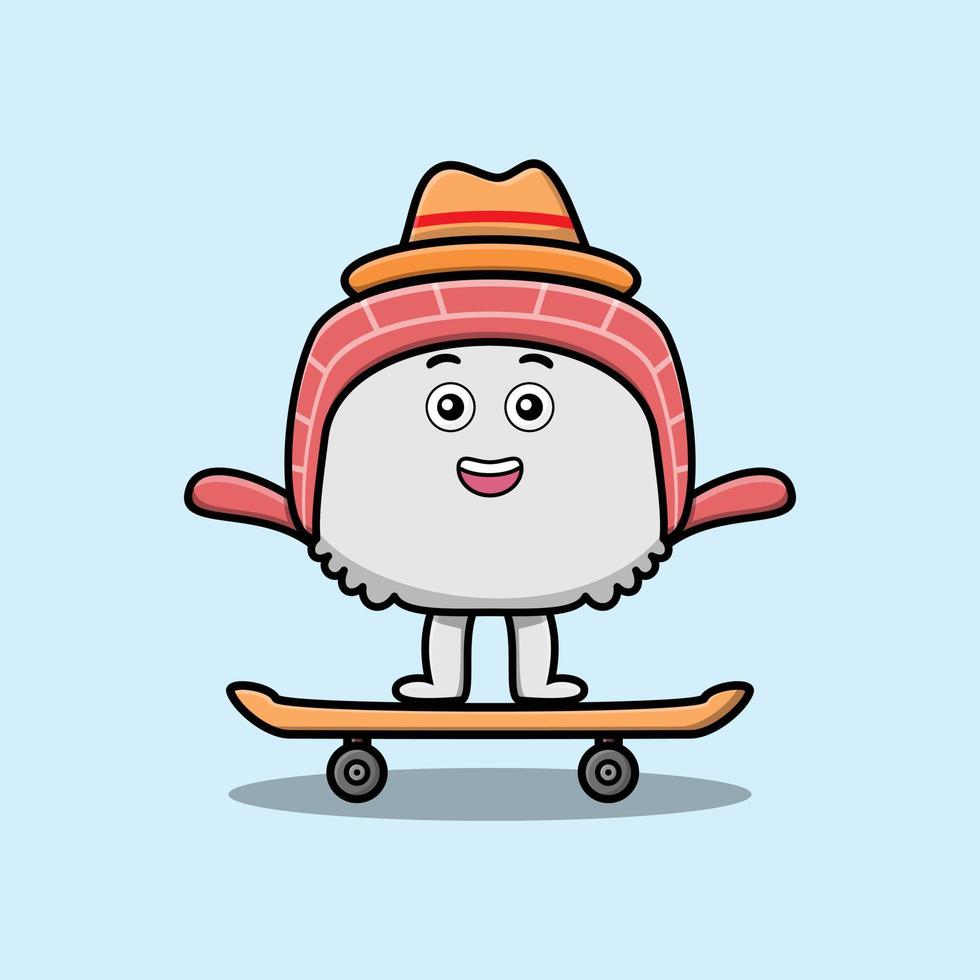 leuke tekenfilmsushi die zich op skateboard bevindt vector