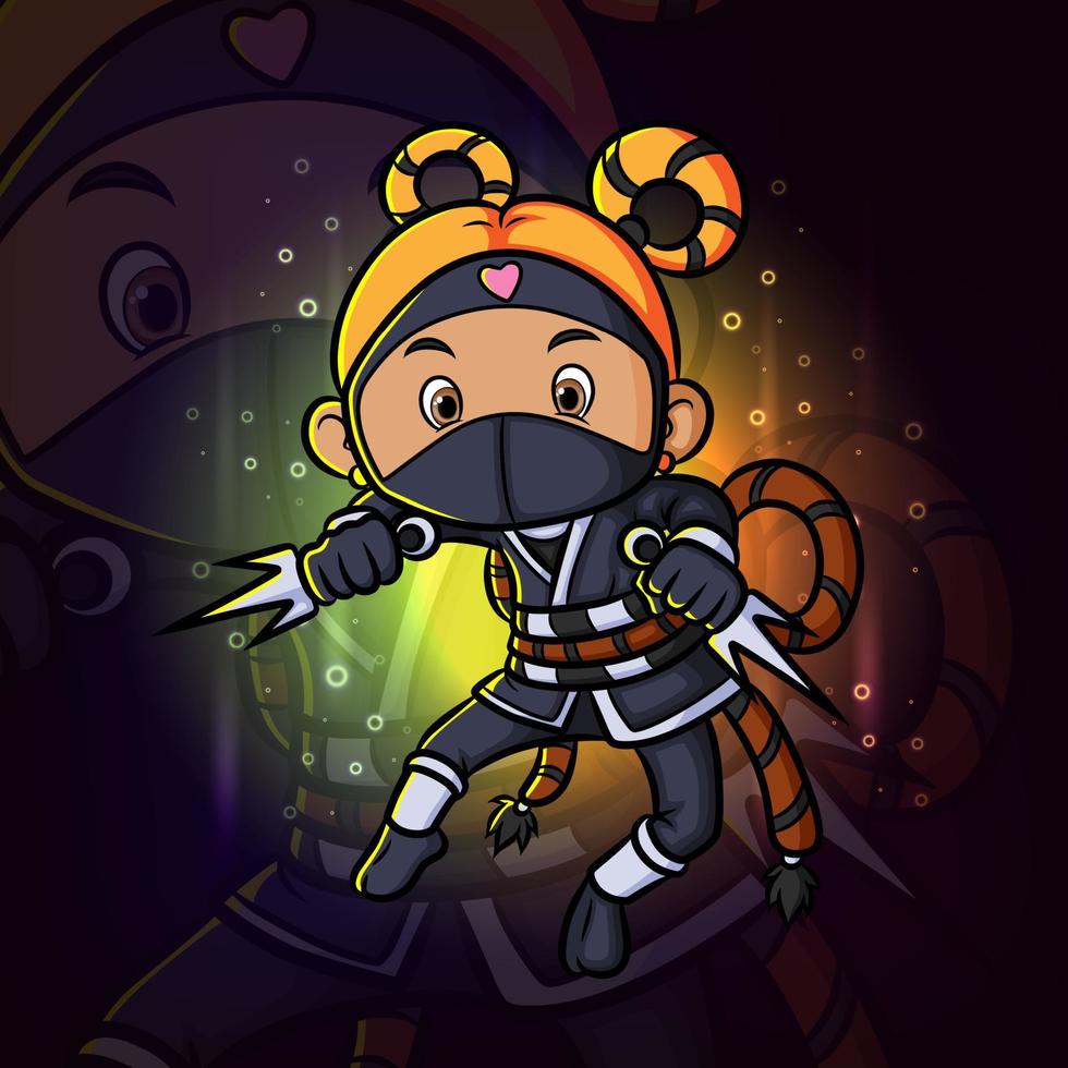 de aanval van het ninjameisje met het logo-ontwerp van de drietand esport-mascotte vector