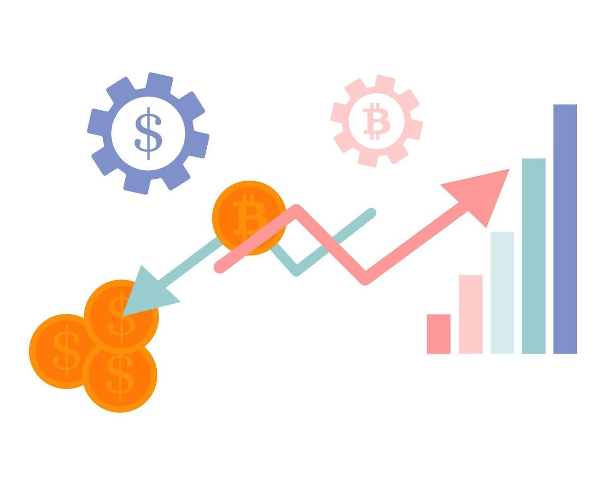 pijlen van groei en ondergang van de grafiek, pijlers van de grafiek en munten. het concept van de financiële crisis. vector geïsoleerd op een witte achtergrond