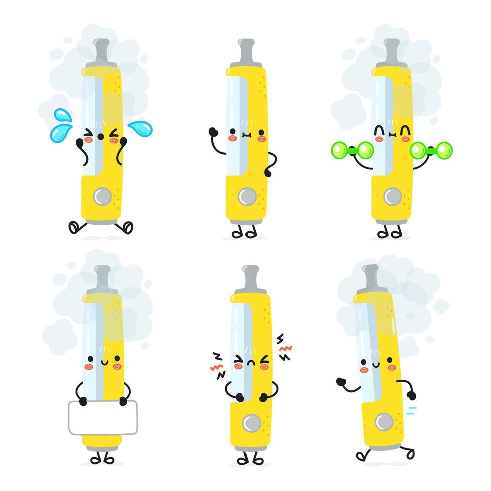 grappige leuke vrolijke vape-personagesbundelset. vector hand getrokken doodle stijl cartoon karakter illustratie pictogram ontwerp. schattige vape mascotte karakter collectie