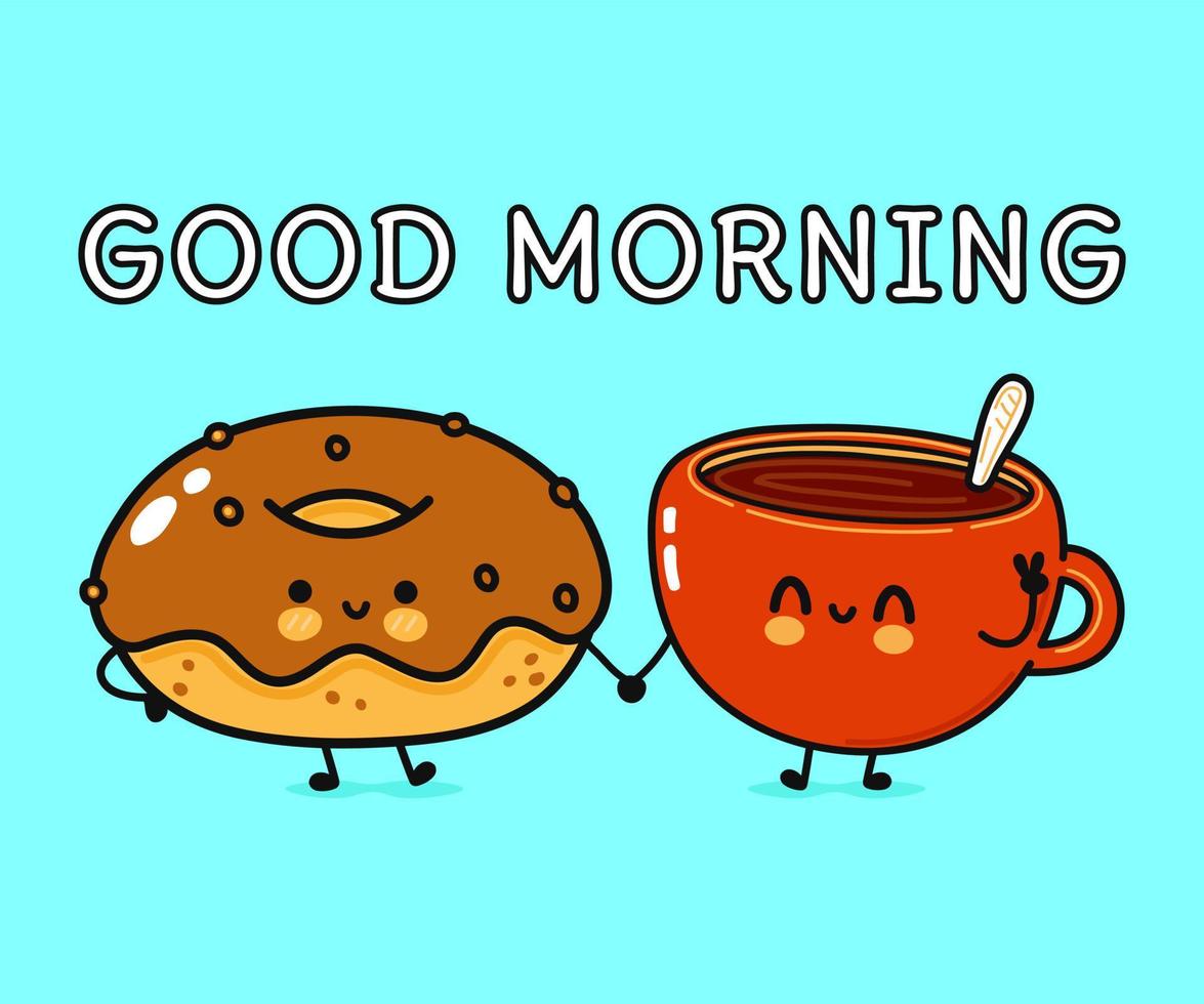 schattig, grappig gelukkig kopje koffie en chocolade donut karakter. vector hand getekend kawaii stripfiguren, illustratie pictogram. grappige cartoon kopje koffie en roze donut vrienden concept