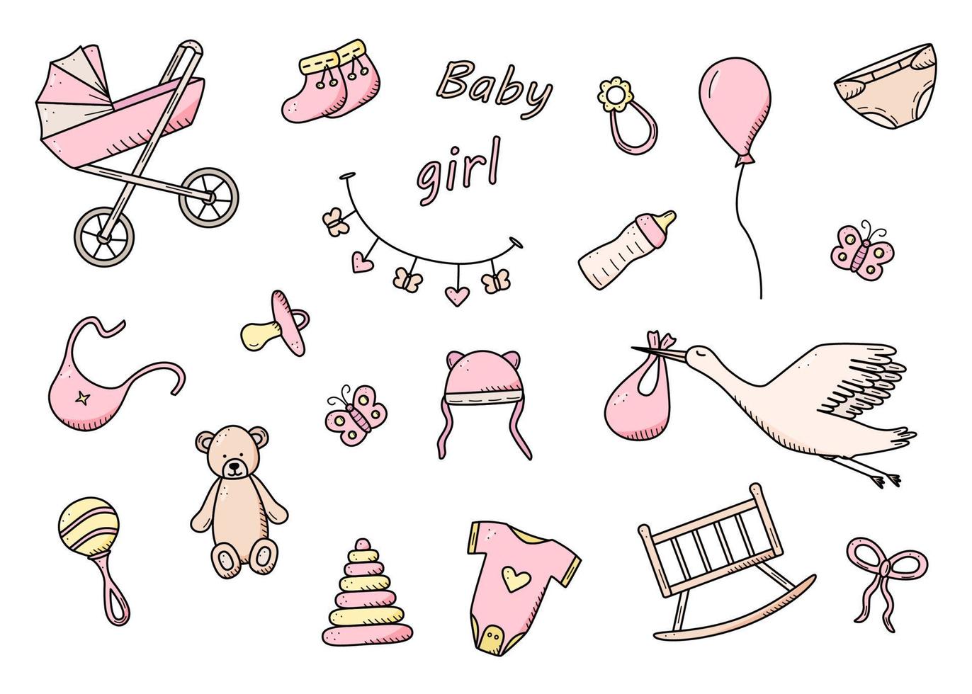 pasgeboren pictogrammen instellen voor een babymeisje. vectorillustratie van elementen voor een kleine baby. kinderwagen, babywerk, rammelaars en teddybeer en nog veel meer vector