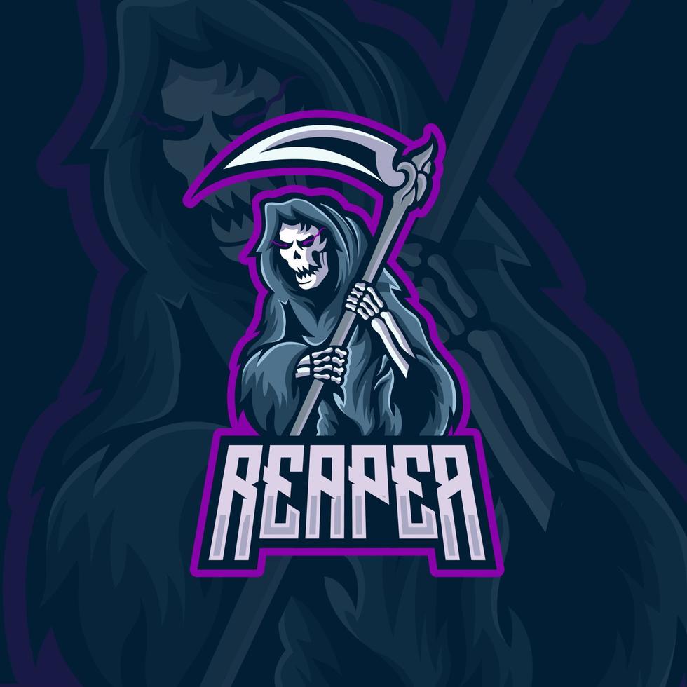 reaper houdt de zeis vast met een eng gezicht esport-logo geschikt voor teamlogo en mascottelogo. vector