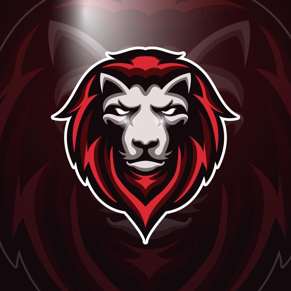 boze rode leeuw voor esport en sport mascotte logo geïsoleerd op donkerrode achtergrond vector