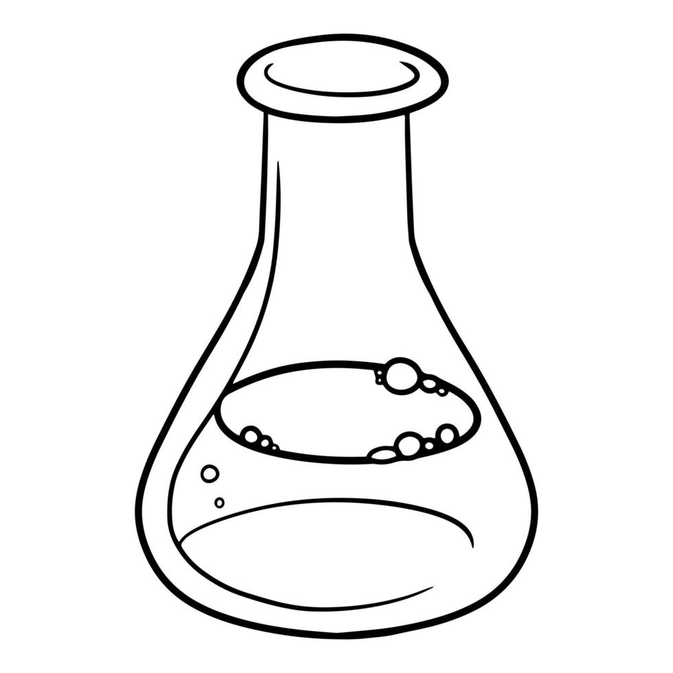 zwart-wit beeld, driehoekige glaskolf met een oplossing voor experimenten, vectorbeeldverhaalillustratie op een witte achtergrond vector