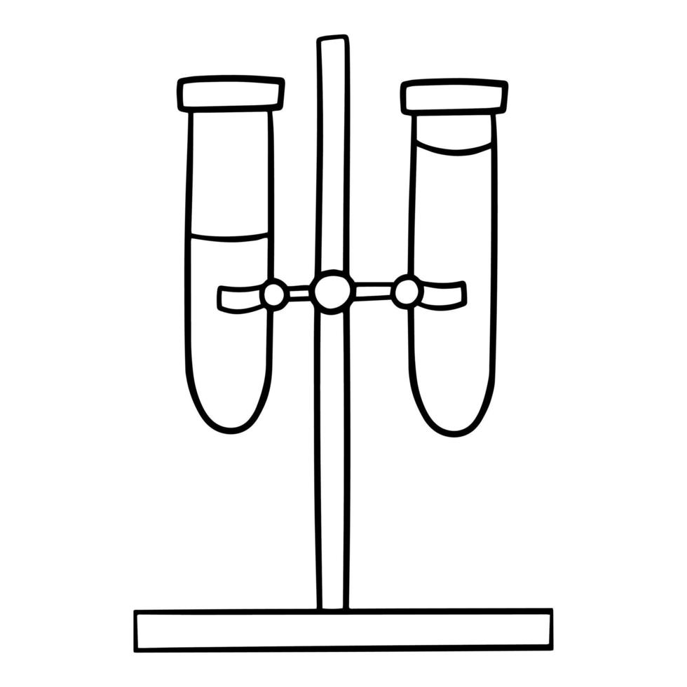 zwart-wit beeld, chemisch experiment, metalen standaard met glazen buizen, vectorillustratie in cartoonstijl op een witte achtergrond vector