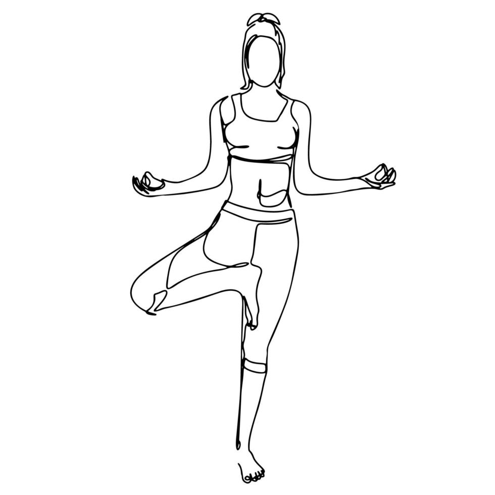 één lijntekening, enkele ononderbroken lijnschets vrouw vrouw doet yoga vector