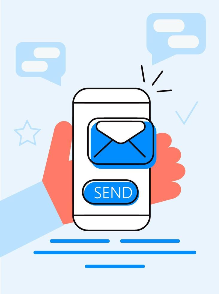 waarschuwingsbericht mobiel meldingsconcept. hand houdt smartphone met e-mailmelding op het scherm. stuur bericht, e-mailpictogram herinnering vectorillustraties. vector