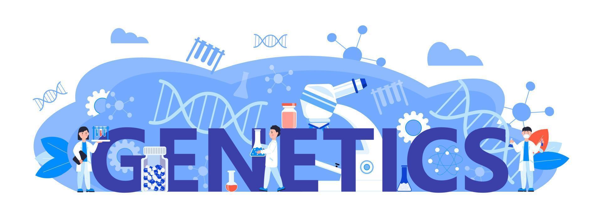 geneticus concept vector voor header website. innovatie, wetenschappelijk onderzoek en online studeren. chemie, geneeskunde onderzoekers werken. wetenschappers bestuderen micro-organismen in de microscoop.