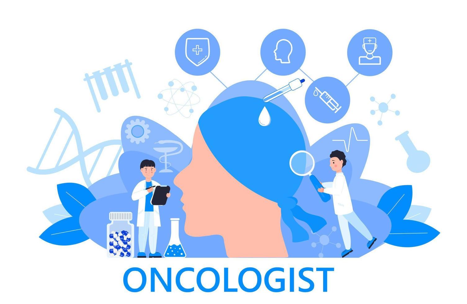 oncoloog concept vector voor app, web, blog. kleine oncologische artsen behandelen de patiënt en vechten met kanker. innovatie therapie illustratie. iv vloeistoffen en chemotherapie banner.