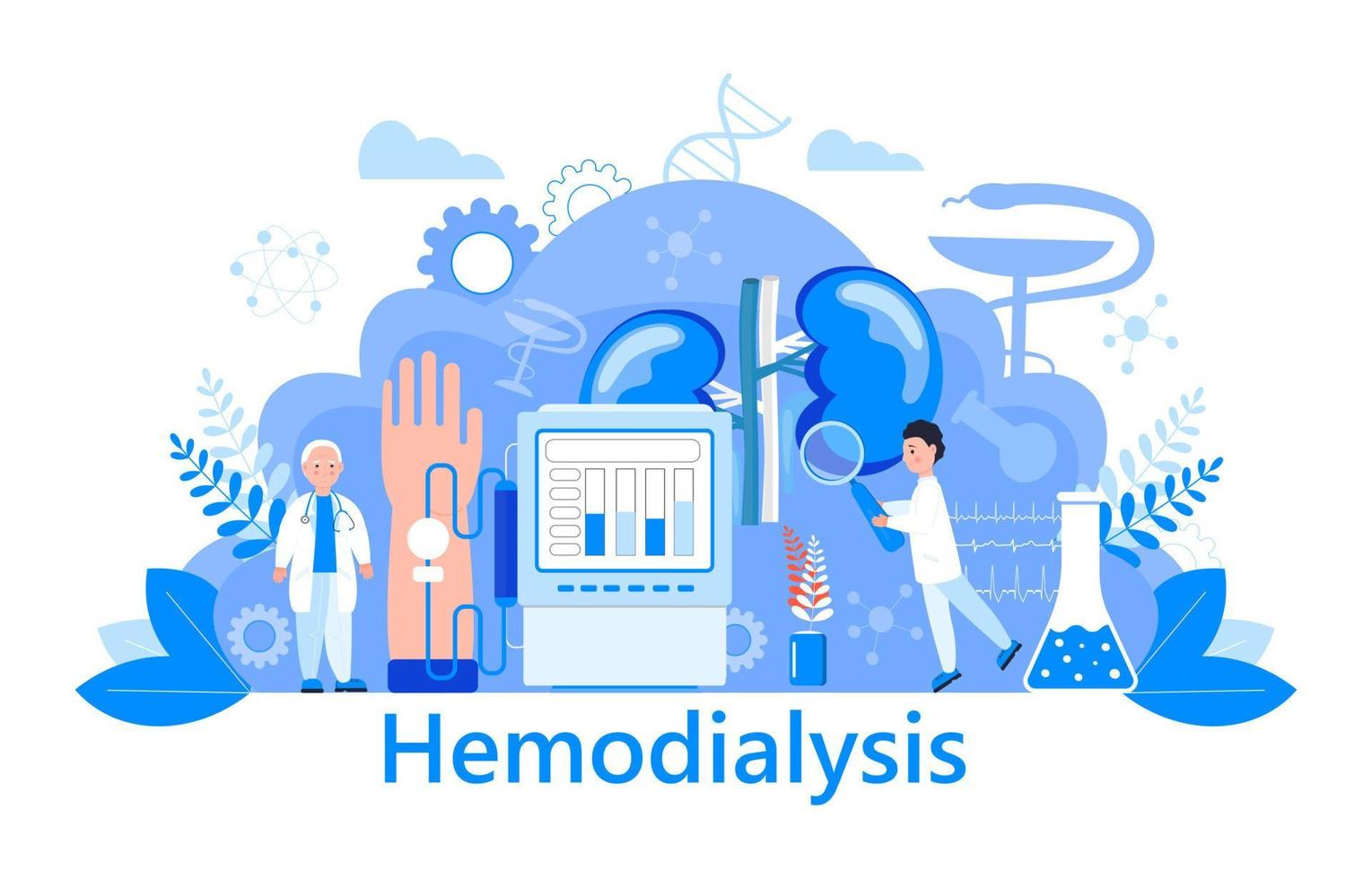 hemodialyse concept vector. methode van extrarenale bloedzuivering bij acuut en chronisch nierfalen. kleine dokters behandelen, testen nieren. blauwe sjabloon voor website, bestemmingspagina. vector