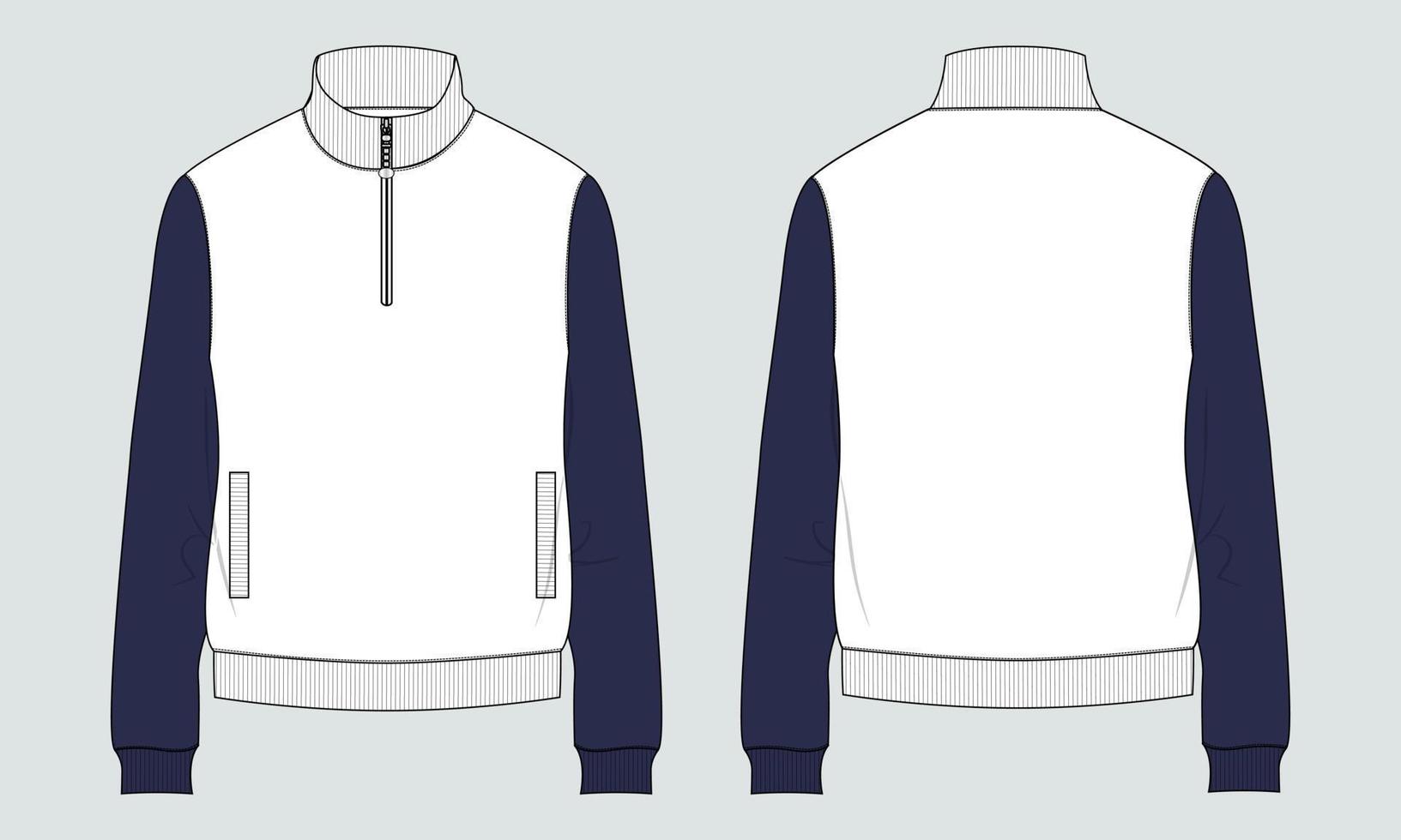 tweekleurige kleur lange mouw met korte rits fleece jas sweatshirt technische mode platte schets vector illustratie sjabloon voor-, achteraanzichten