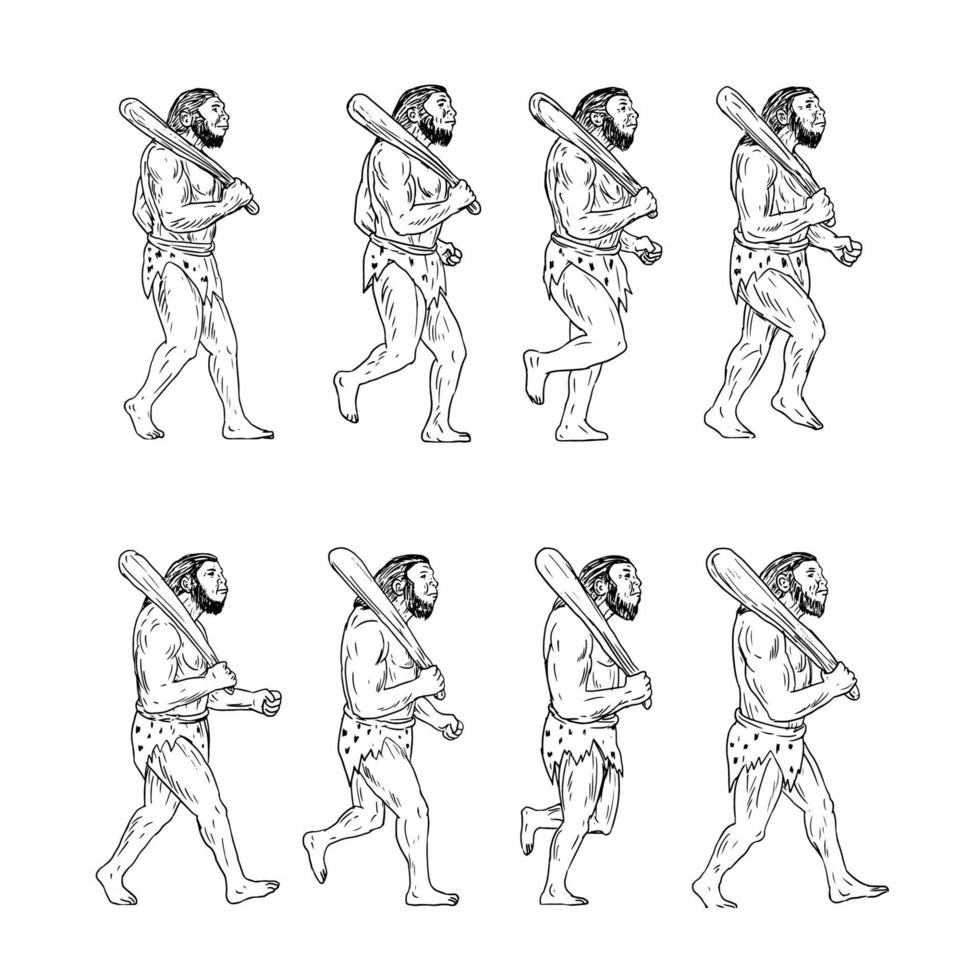 Neanderthaler man holbewoner met club wandelen collectie set vector