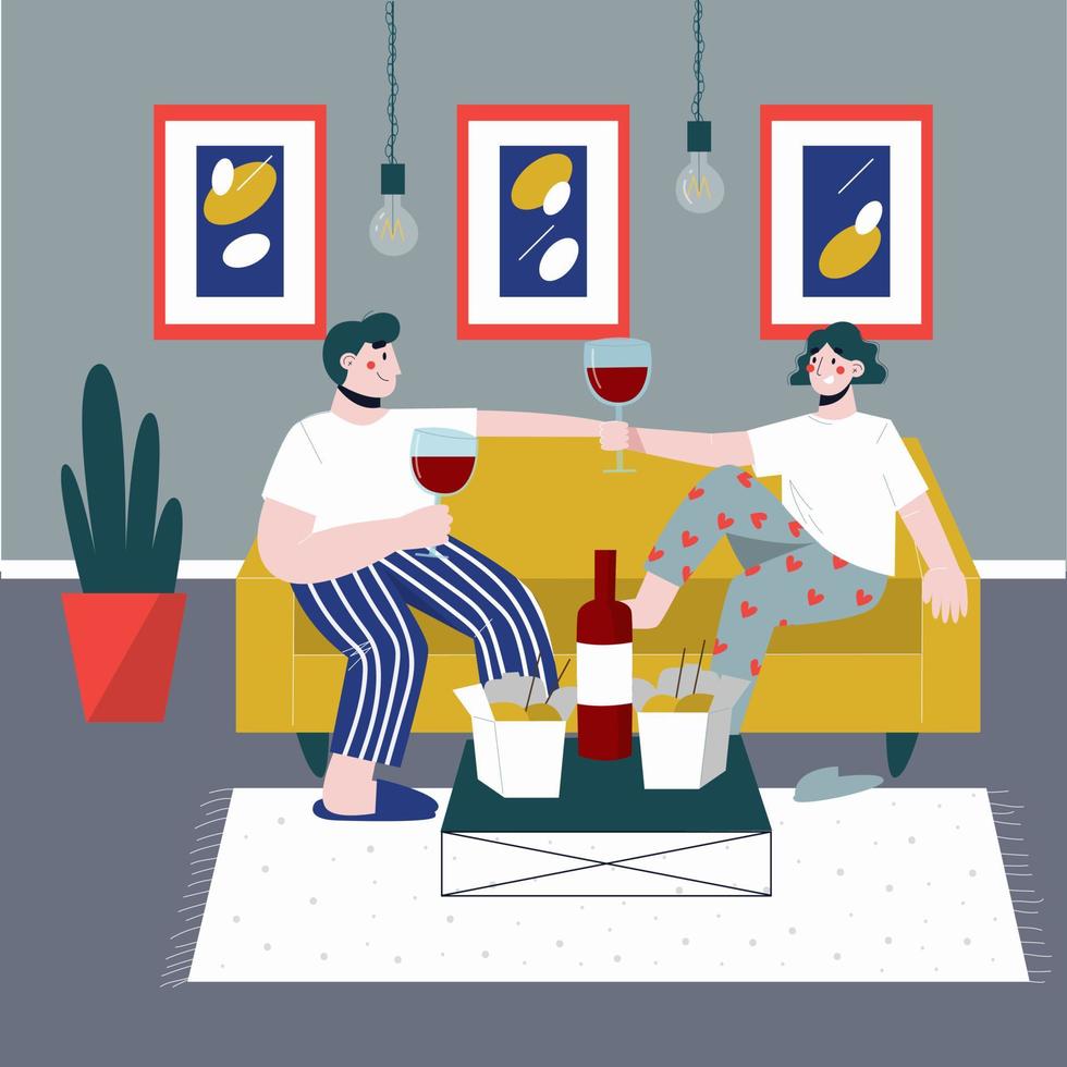 romantisch diner thuis. gelukkig paar dat wijn drinkt en Chinese noedels eet. platte vectorillustratie. vector